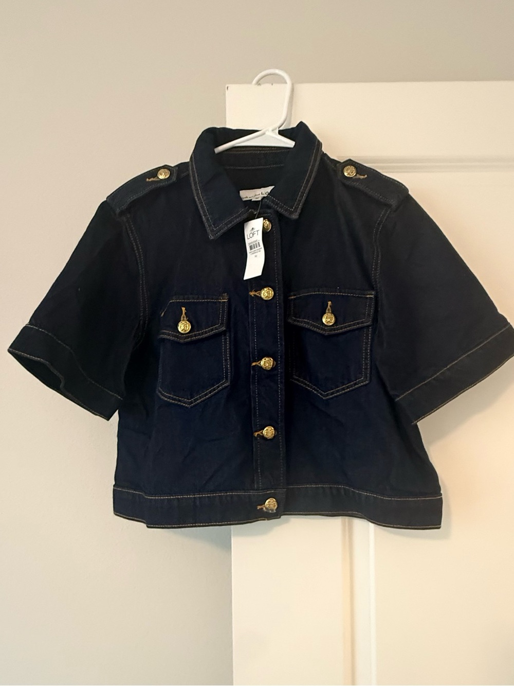 LOFT Black Short-Sleeve Jean Jacket with Gold Buttons - Picture 2 of 14